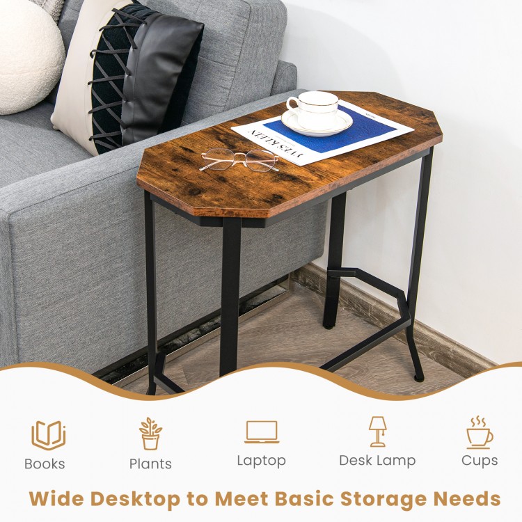 Narrow end side sofa table with rustic brown tabletop and steel frame, ideal for living room or bedroom storage.